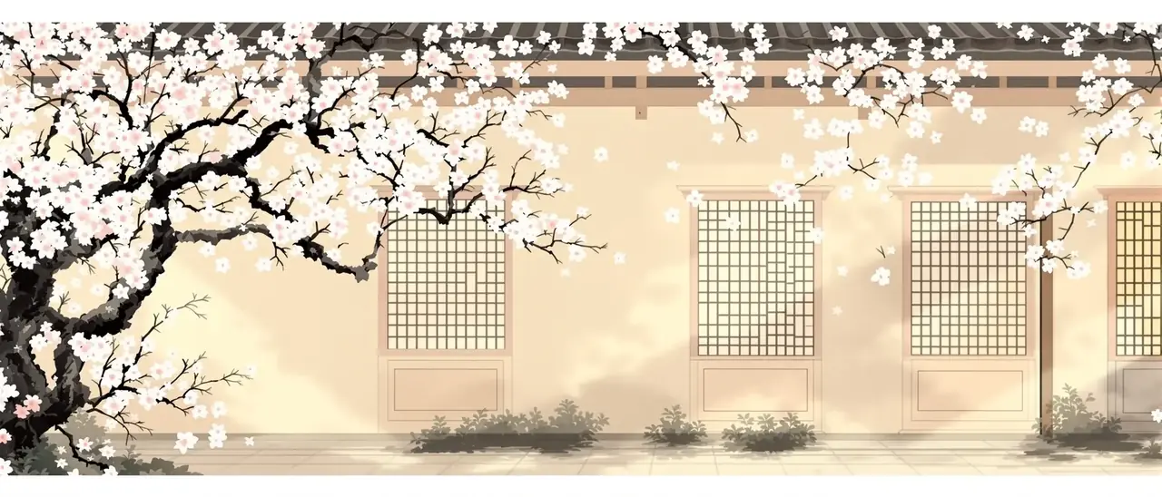 庭院深深花事浓 海棠庭院场景插画