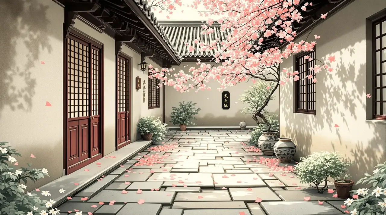 电影下载 落英庭院主题插画背景